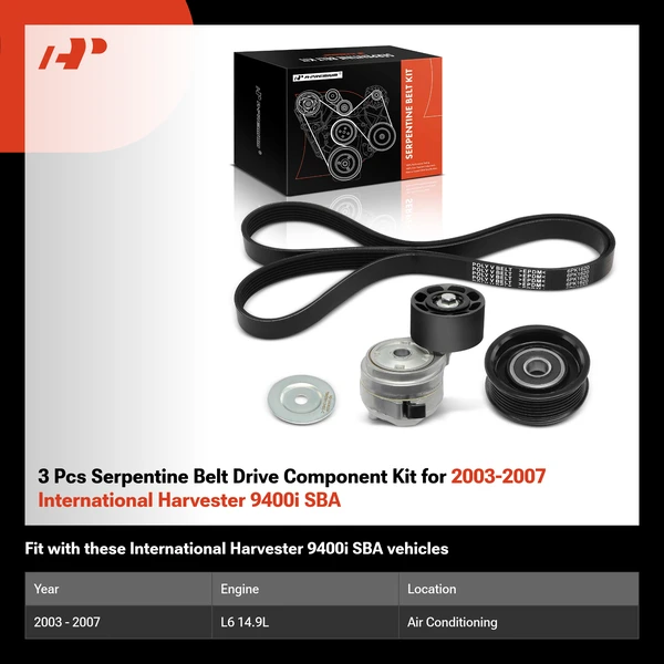 3 Pcs Serpentine Belt Drive Component Kit for 2003-2007 International Harvester 9400i SBA