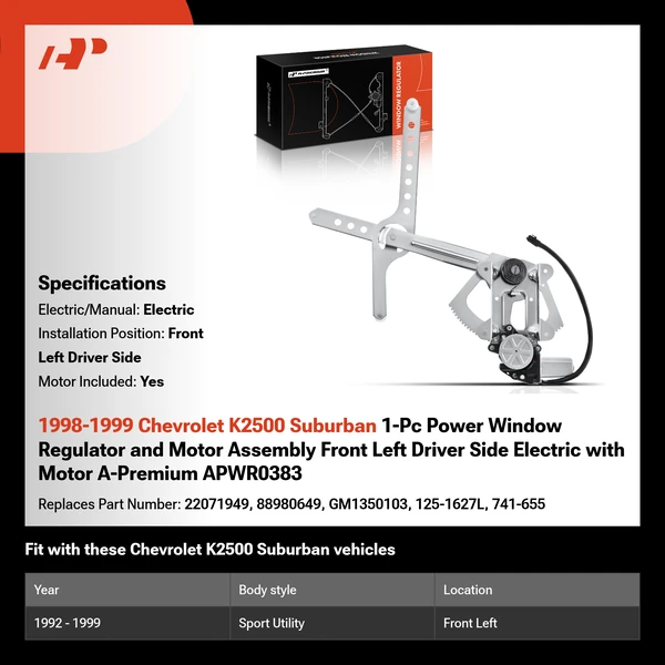 1998-1999 Chevrolet K2500 Suburban 1-Pc Power Window Regulator and Motor Assembly Front Left Driver Side Electric with Motor A-Premium APWR0383