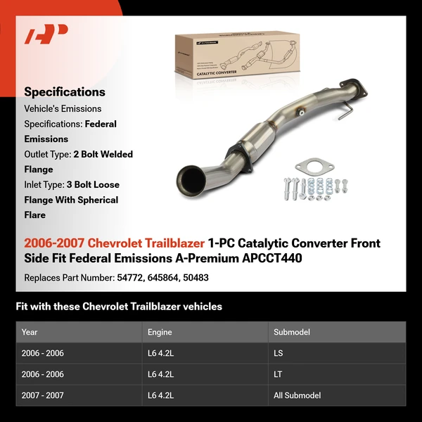 2006-2007 Chevrolet Trailblazer 1-PC Catalytic Converter Front Side Fit Federal Emissions A-Premium APCCT440