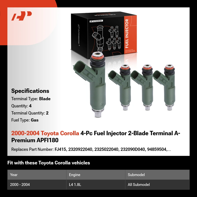2000-2004 Toyota Corolla 4-Pc Fuel Injector 2-Blade Terminal A-Premium APFI180