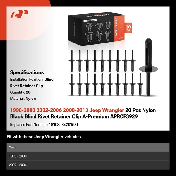 1998-2000 2002-2006 2008-2013 Jeep Wrangler 20 Pcs Nylon Black Blind Rivet Retainer Clip A-Premium APRCF3929
