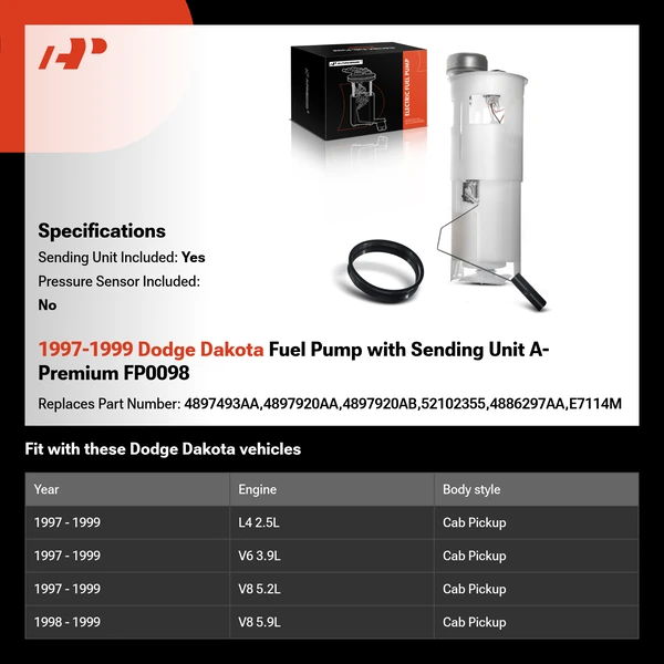 1997-1999 Dodge Dakota Fuel Pump with Sending Unit A-Premium FP0098