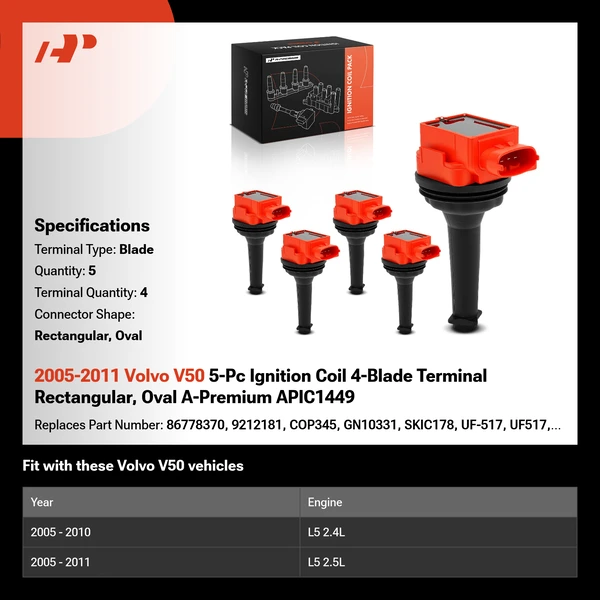 2005-2011 Volvo V50 5-Pc Ignition Coil 4-Blade Terminal Rectangular, Oval A-Premium APIC1449