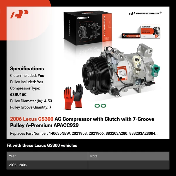 2006 Lexus GS300 AC Compressor with Clutch with 7-Groove Pulley A-Premium APACC929