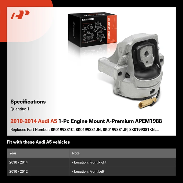 2010-2014 Audi A5 1-Pc Engine Mount A-Premium APEM1988