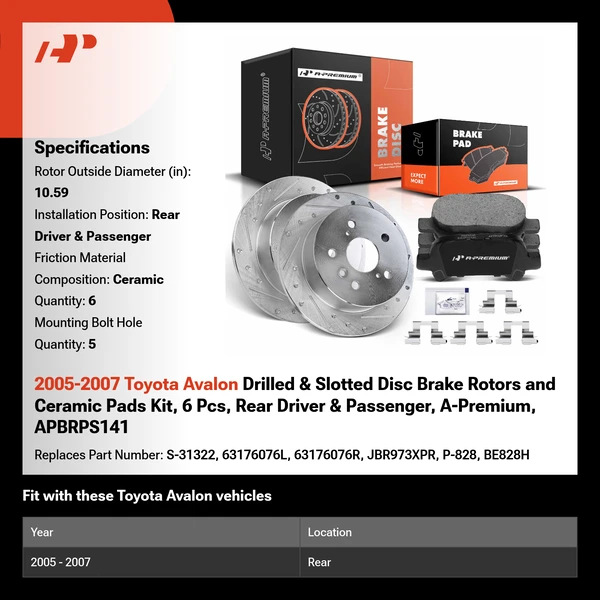 2005-2007 Toyota Avalon Drilled & Slotted Disc Brake Rotors and Ceramic Pads Kit, 6 Pcs, Rear Driver & Passenger, A-Premium, APBRPS141