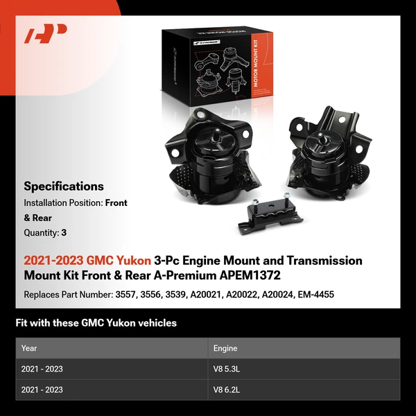 2021-2023 GMC Yukon 3-Pc Engine Mount and Transmission Mount Kit Front & Rear A-Premium APEM1372