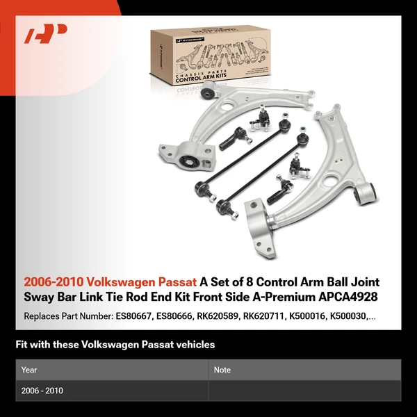 2006-2010 Volkswagen Passat A Set of 8 Control Arm Ball Joint Sway Bar Link Tie Rod End Kit Front Side A-Premium APCA4928