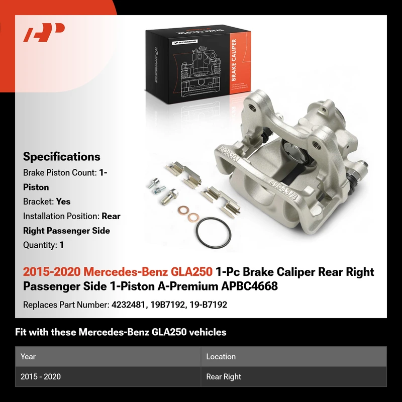 2015-2020 Mercedes-Benz GLA250 1-Pc Brake Caliper Rear Right Passenger Side 1-Piston A-Premium APBC4668