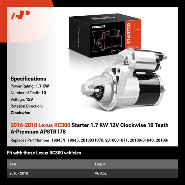 2016-2018 Lexus RC300 Starter 1.7 KW 12V Clockwise 10 Teeth A-Premium APSTR178