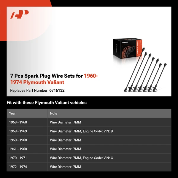 7 Pcs Spark Plug Wire Sets for 1960-1974 Plymouth Valiant