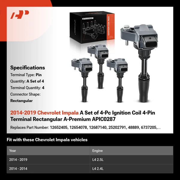 2014-2019 Chevrolet Impala A Set of 4-Pc Ignition Coil 4-Pin Terminal Rectangular A-Premium APIC0287