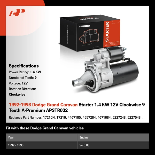 1992-1993 Dodge Grand Caravan Starter 1.4 KW 12V Clockwise 9 Teeth A-Premium APSTR032