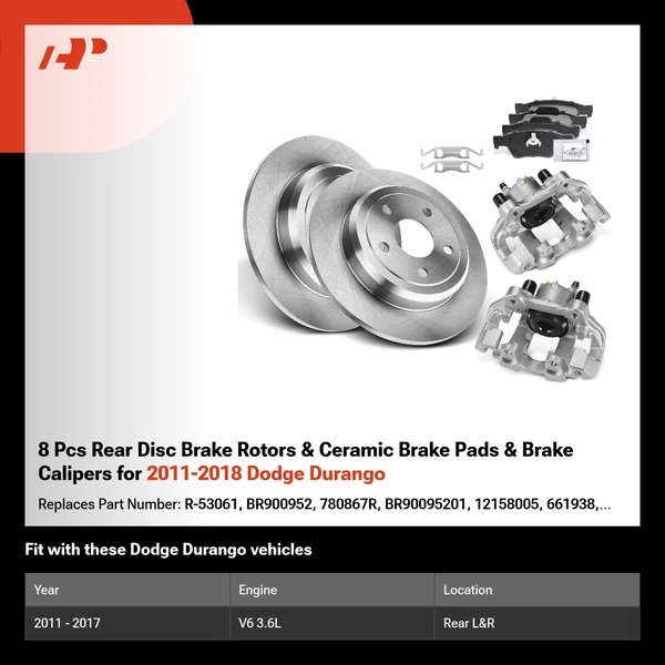 8 Pcs Rear Disc Brake Rotors & Ceramic Brake Pads & Brake Calipers for 2011-2018 Dodge Durango