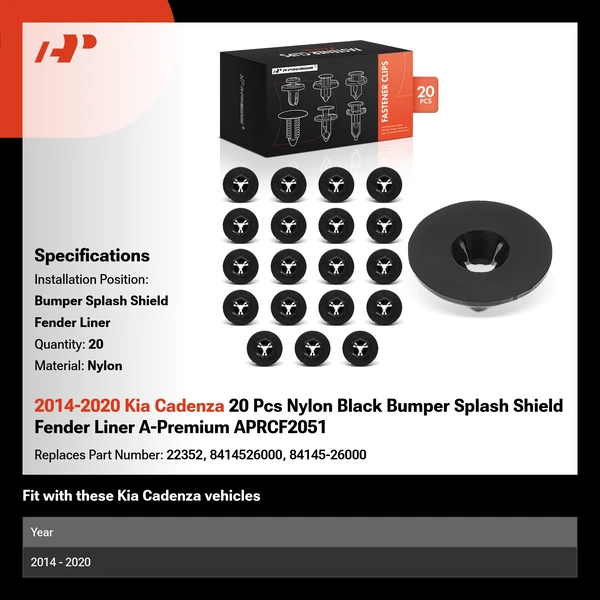 2014-2020 Kia Cadenza 20 Pcs Nylon Black Bumper Splash Shield Fender Liner A-Premium APRCF2051