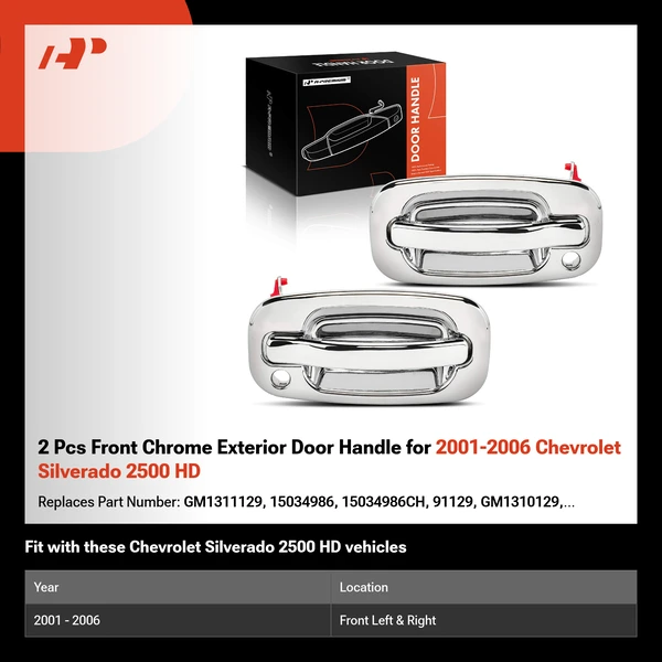 2 Pcs Front Chrome Exterior Door Handle for 2001-2006 Chevrolet Silverado 2500 HD