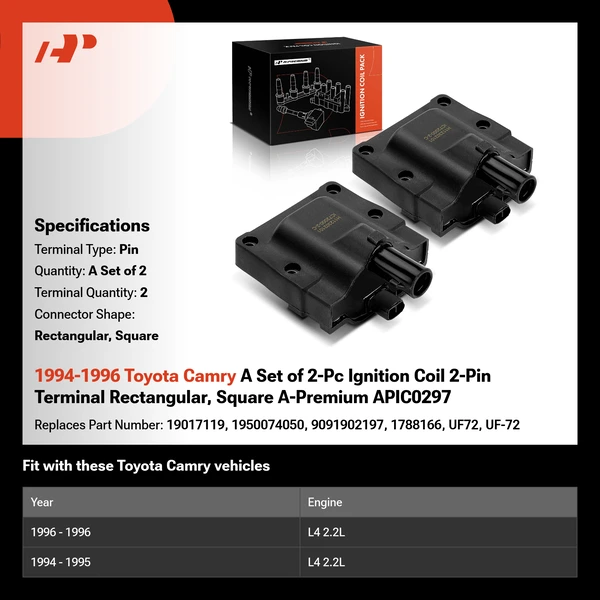 1994-1996 Toyota Camry A Set of 2-Pc Ignition Coil 2-Pin Terminal Rectangular, Square A-Premium APIC0297