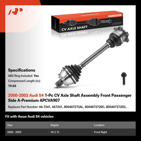 2000-2002 Audi S4 1-Pc CV Axle Shaft Assembly Front Passenger Side A-Premium APCVA907