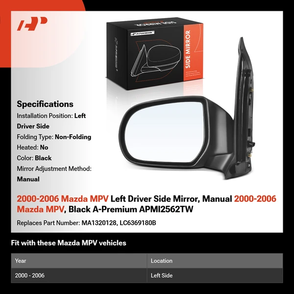 2000-2006 Mazda MPV Left Driver Side Mirror, Manual 2000-2006 Mazda MPV, Black A-Premium APMI2562TW