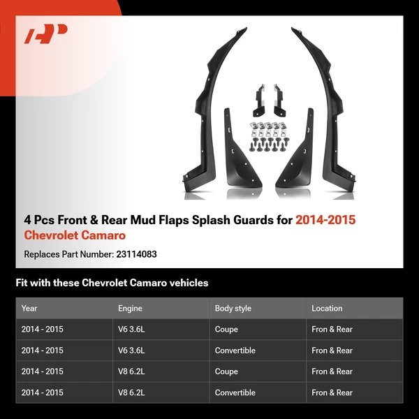 4 Pcs Front & Rear Mud Flaps Splash Guards for 2014-2015 Chevrolet Camaro