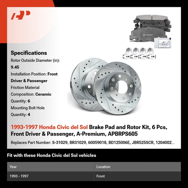 1993-1997 Honda Civic del Sol Brake Pad and Rotor Kit, 6 Pcs, Front Driver & Passenger, A-Premium, APBRPS605