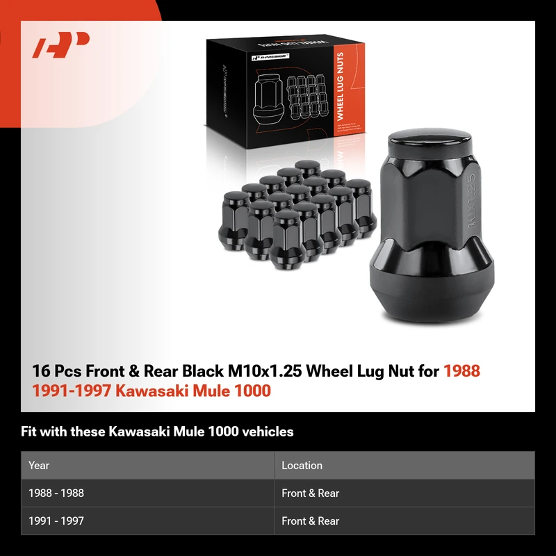16 Pcs Front & Rear Black M10x1.25 Wheel Lug Nut for 1988 1991-1997 Kawasaki Mule 1000