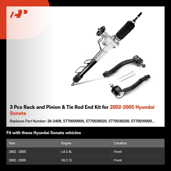 3 Pcs Rack and Pinion & Tie Rod End Kit for 2002-2005 Hyundai Sonata