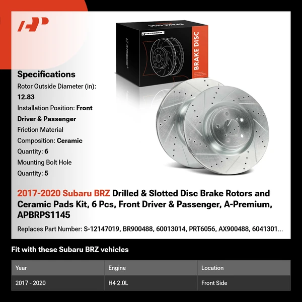 2017-2020 Subaru BRZ Drilled & Slotted Disc Brake Rotors and Ceramic Pads Kit, 6 Pcs, Front Driver & Passenger, A-Premium, APBRPS1145