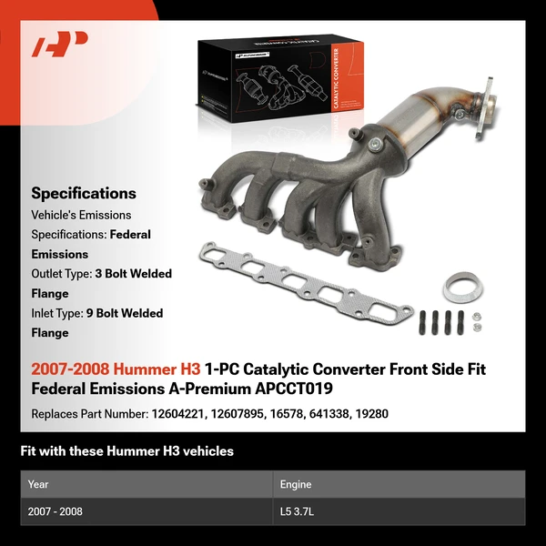 2007-2008 Hummer H3 1-PC Catalytic Converter Front Side Fit Federal Emissions A-Premium APCCT019