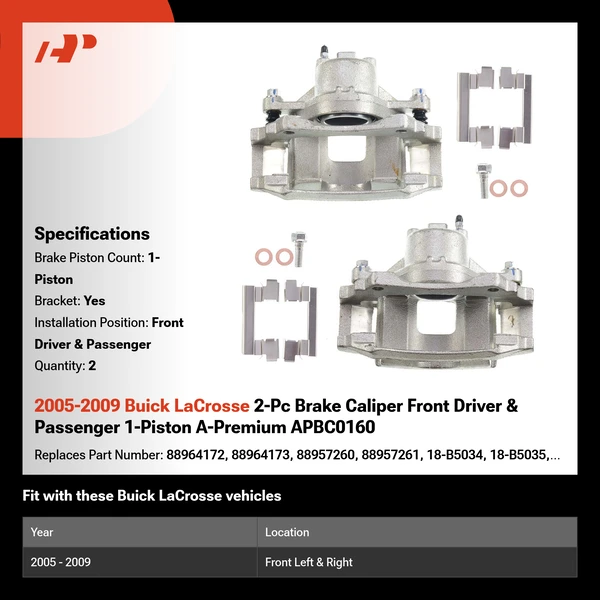 2005-2009 Buick LaCrosse 2-Pc Brake Caliper Front Driver & Passenger 1-Piston A-Premium APBC0160