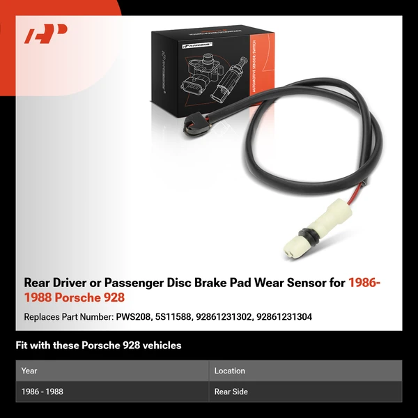 Rear Driver or Passenger Disc Brake Pad Wear Sensor for 1986-1988 Porsche 928