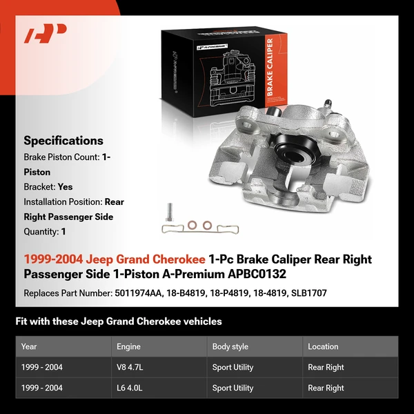 1999-2004 Jeep Grand Cherokee 1-Pc Brake Caliper Rear Right Passenger Side 1-Piston A-Premium APBC0132