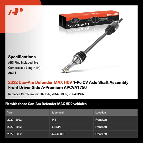 2022 Can-Am Defender MAX HD9 1-Pc CV Axle Shaft Assembly Front Driver Side A-Premium APCVA1750