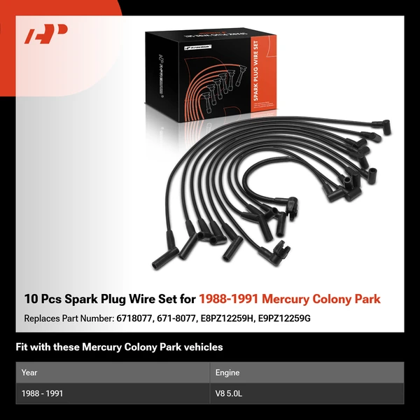 10 Pcs Spark Plug Wire Set for 1988-1991 Mercury Colony Park
