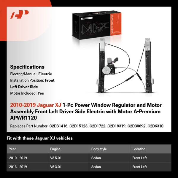 2010-2019 Jaguar XJ 1-Pc Power Window Regulator and Motor Assembly Front Left Driver Side Electric with Motor A-Premium APWR1120