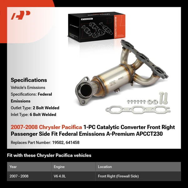 2007-2008 Chrysler Pacifica 1-PC Catalytic Converter Front Right Passenger Side Fit Federal Emissions A-Premium APCCT230