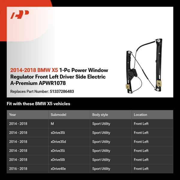 2014-2018 BMW X5 1-Pc Power Window Regulator Front Left Driver Side Electric A-Premium APWR1078