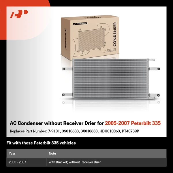 AC Condenser without Receiver Drier for 2005-2007 Peterbilt 335