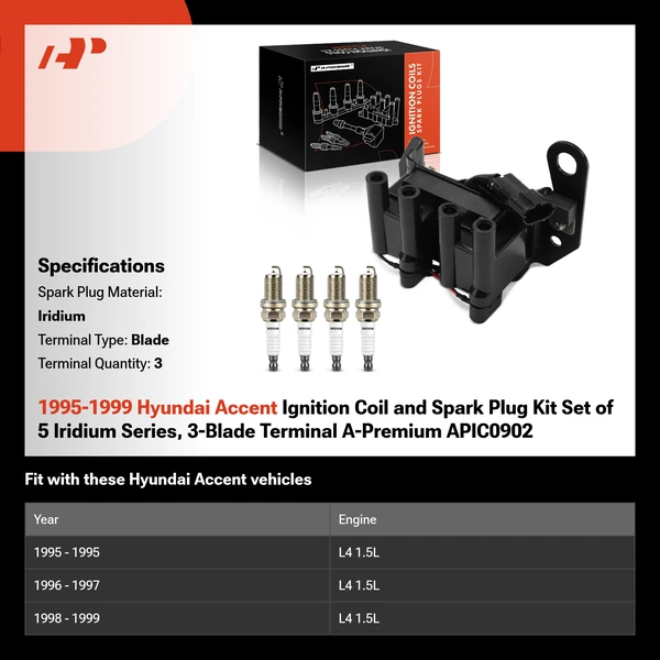 1995-1999 Hyundai Accent Ignition Coil and Spark Plug Kit Set of A Set of 5 Iridium Series, 3-Blade Terminal A-Premium APIC0902