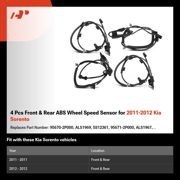 4 Pcs Front & Rear ABS Wheel Speed Sensor for 2011-2012 Kia Sorento