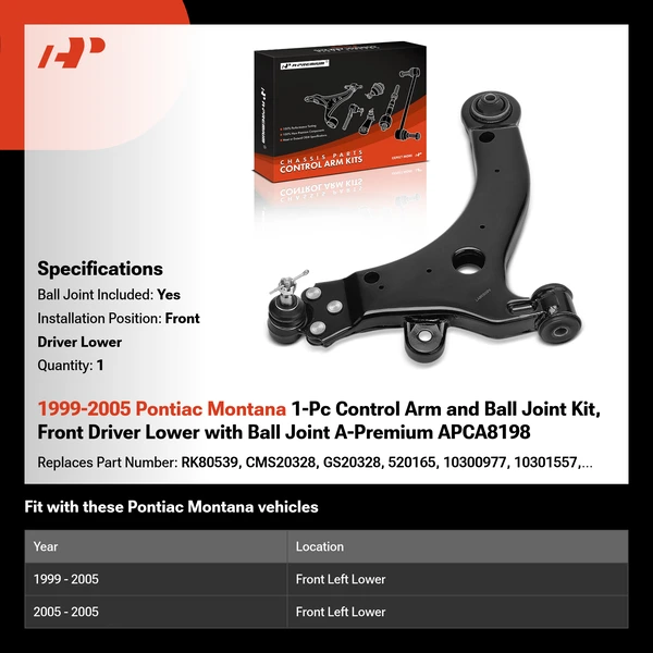 1999-2005 Pontiac Montana 1-Pc Control Arm and Ball Joint Kit, Front Driver Lower with Ball Joint A-Premium APCA8198