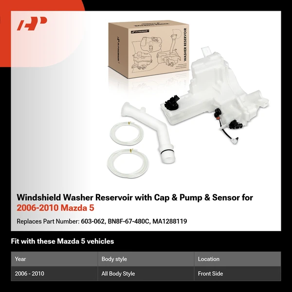 Windshield Washer Reservoir with Cap & Pump & Sensor for 2006-2010 Mazda 5