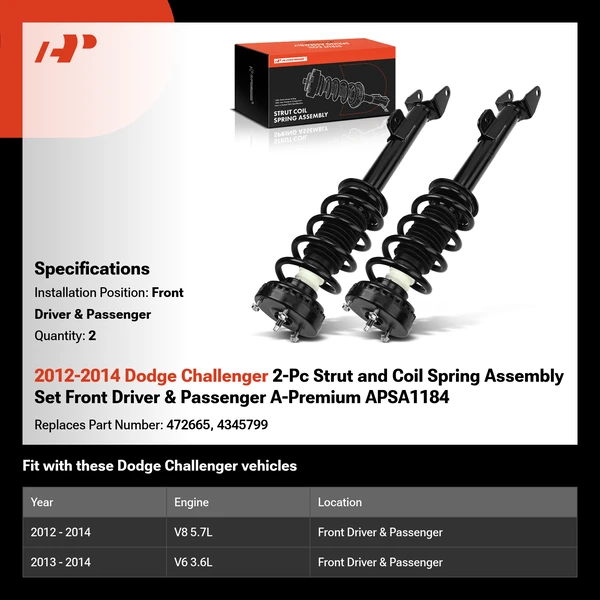 2012-2014 Dodge Challenger 2-Pc Strut and Coil Spring Assembly Set Front Driver & Passenger A-Premium APSA1184