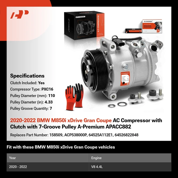 2020-2022 BMW M850i xDrive Gran Coupe AC Compressor with Clutch with 7-Groove Pulley A-Premium APACC882