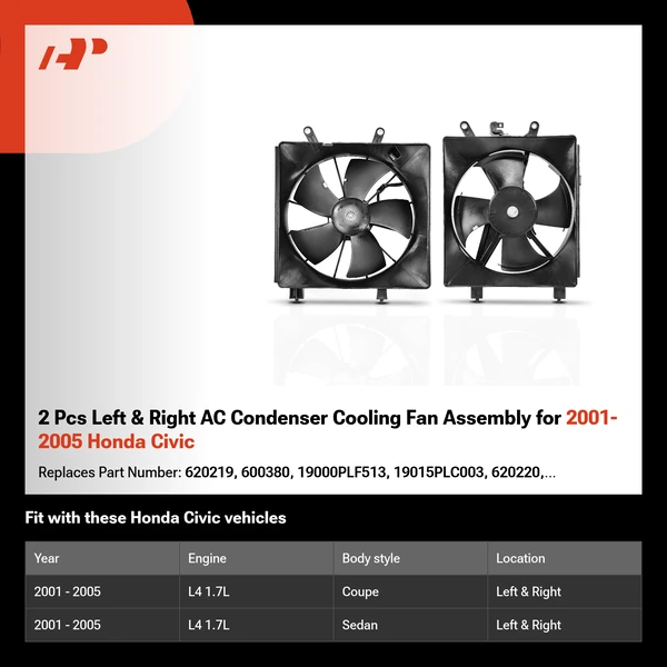 2 Pcs Left & Right AC Condenser Cooling Fan Assembly for 2001-2005 Honda Civic