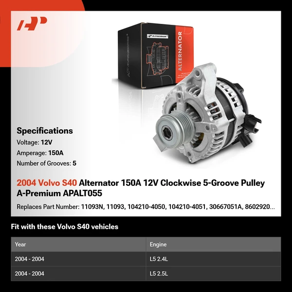 2004 Volvo S40 Alternator 150A 12V Clockwise 5-Groove Pulley A-Premium APALT055
