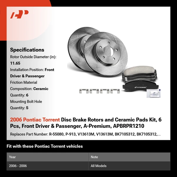 2006 Pontiac Torrent Disc Brake Rotors and Ceramic Pads Kit, 6 Pcs, Front Driver & Passenger, A-Premium, APBRPR1210