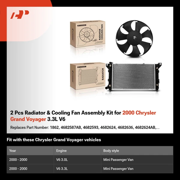 2 Pcs Radiator & Cooling Fan Assembly Kit for 2000 Chrysler Grand Voyager 3.3L V6