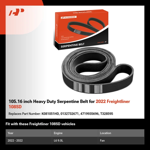 105.16 inch Heavy Duty Serpentine Belt for 2022 Freightliner 108SD