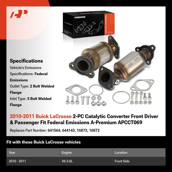2010-2011 Buick LaCrosse 2-PC Catalytic Converter Front Driver & Passenger Fit Federal Emissions A-Premium APCCT069